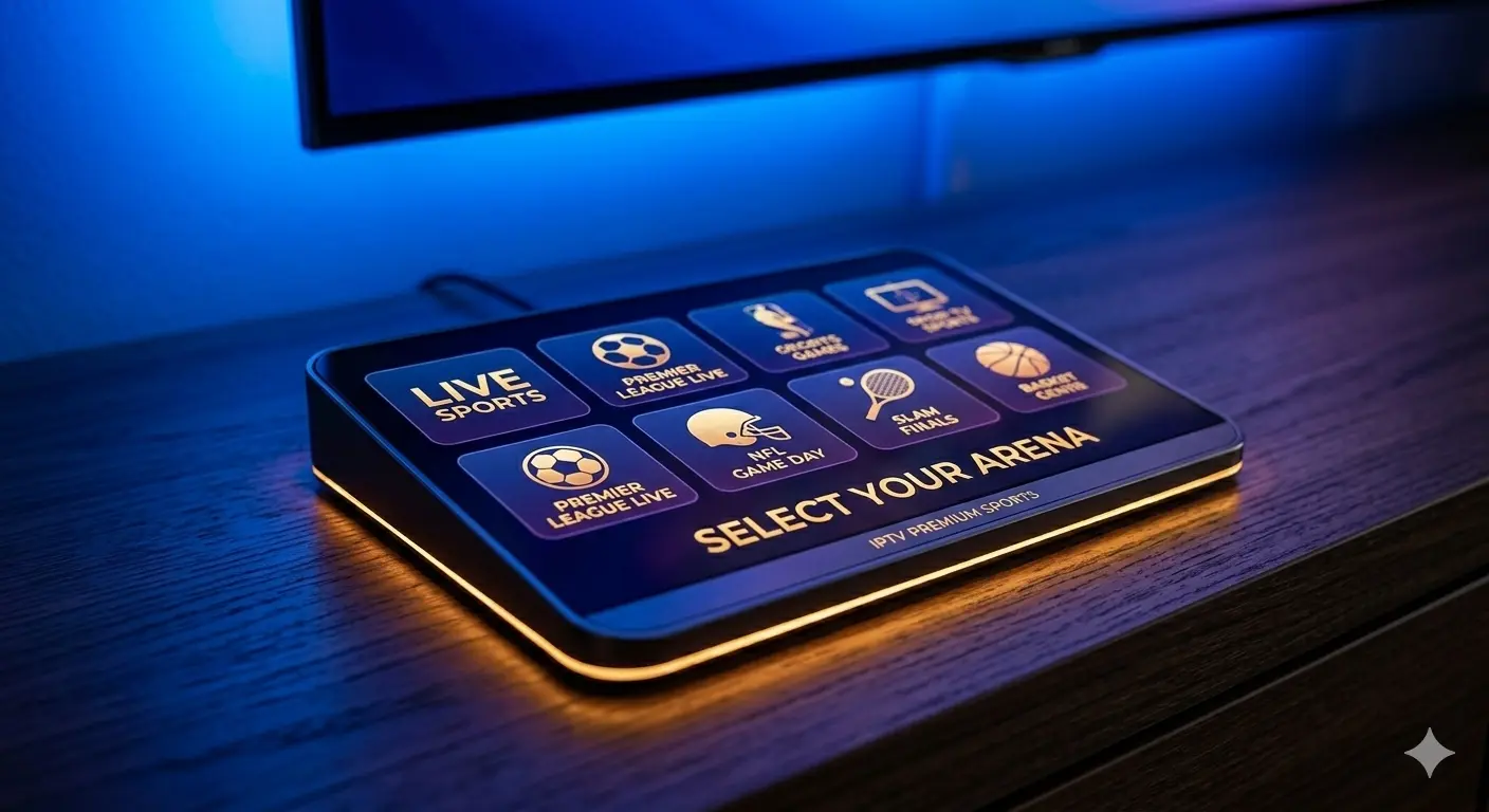 A film reel and a compact streaming media player on a TV unit, with a TV screen reading 'Your Home Theater' — representing the on-demand movie library included in every IPTV USA subscription